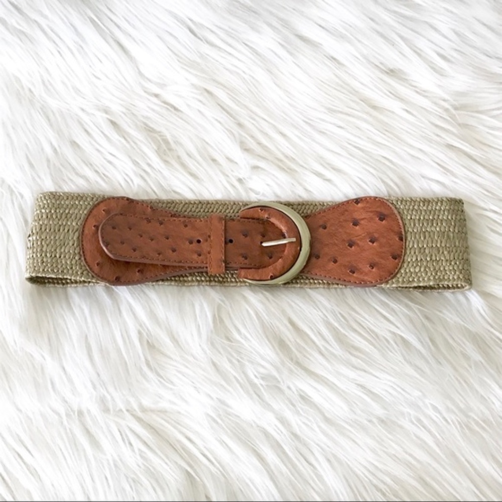 Boho straw brown polka dot leather gold plate belt - Picture 2 of 7
